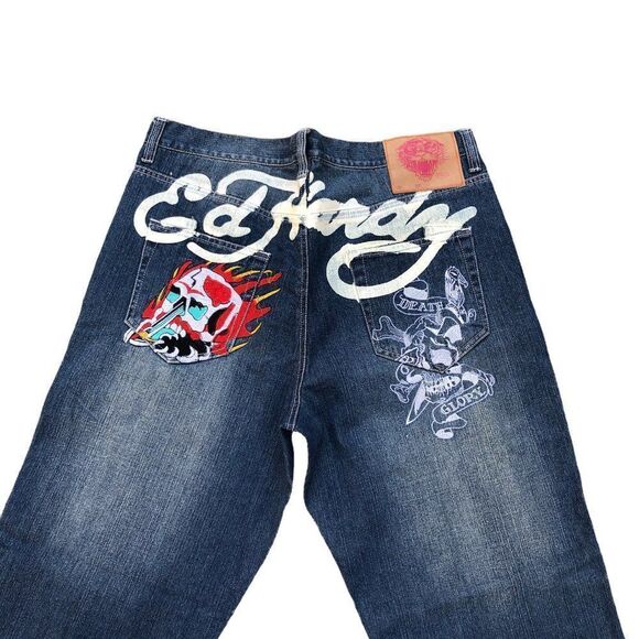RARE Ed Hardy By Christian Audigier Embroidered Jeans Size 40 Blue - Picture 7 of 10